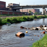Polluted river with various waste, industrial complex background, focus on water contamination indicators like BOD, COD.