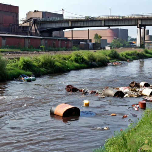 Home 4 Polluted river with various waste, industrial complex background, focus on water contamination indicators like BOD, COD.