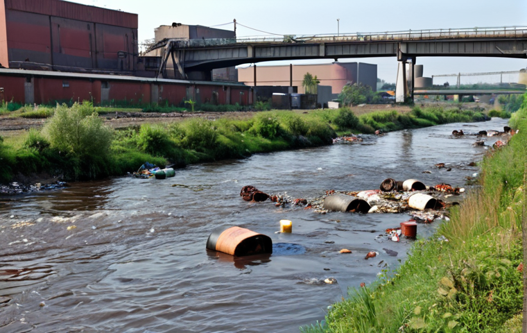 Polluted river with various waste, industrial complex background, focus on water contamination indicators like BOD, COD.