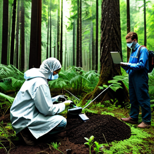 **Prompt:** A network of environmental sensors monitoring a lush forest, collecting data on soil and air quality, fully clothed scientists in the background analyzing data, safe for work, appropriate content, professional, perfect anatomy, correct proportions, natural pose.