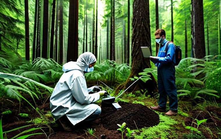 **Prompt:** A network of environmental sensors monitoring a lush forest, collecting data on soil and air quality, fully clothed scientists in the background analyzing data, safe for work, appropriate content, professional, perfect anatomy, correct proportions, natural pose.